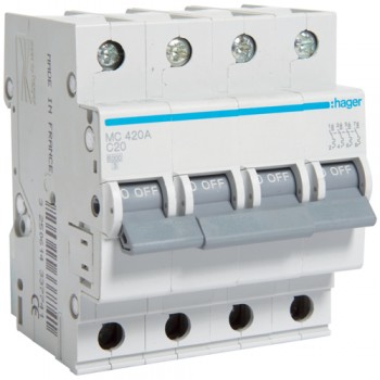 Автоматический выключатель Hager 3p+N 20А тип C 6кА (MC420A)