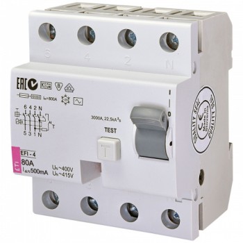 Дифференциальное реле (УЗО) ETI EFI-4 4p 80А 500мА тип AC (2065145)