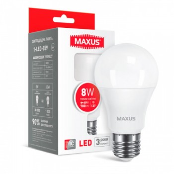 Светодиодная лампа MAXUS A60 8W 3000 К 220V E27 (1-LED-559)